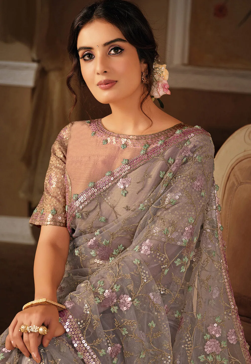 Greyish Pink Embroidered Saree