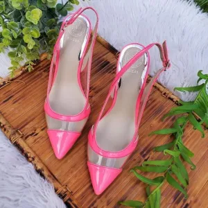 Guess Chaffee Medium Pink Transparent Panel Slingback Heels.