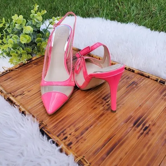 Guess Chaffee Medium Pink Transparent Panel Slingback Heels.