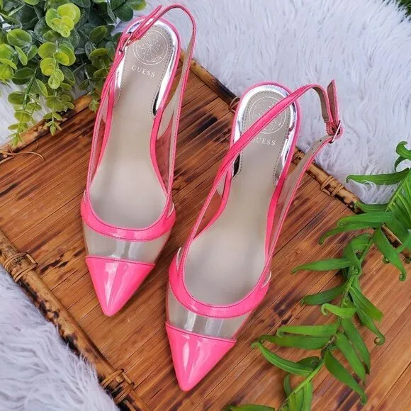 Guess Chaffee Medium Pink Transparent Panel Slingback Heels.