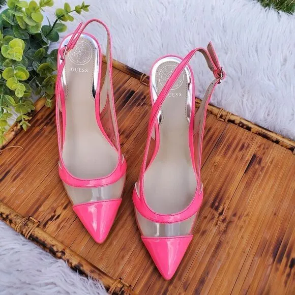Guess Chaffee Medium Pink Transparent Panel Slingback Heels.