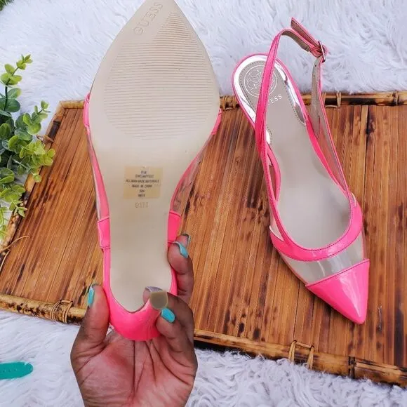 Guess Chaffee Medium Pink Transparent Panel Slingback Heels.