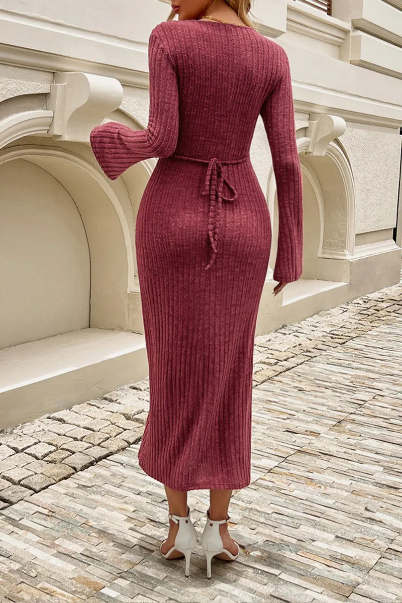 HBR1358 Elegant Ribbed Knit Maxi Dress