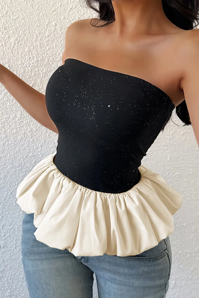 HTZ1075 Strapless Glitter Tube Top with Ruffle Hem