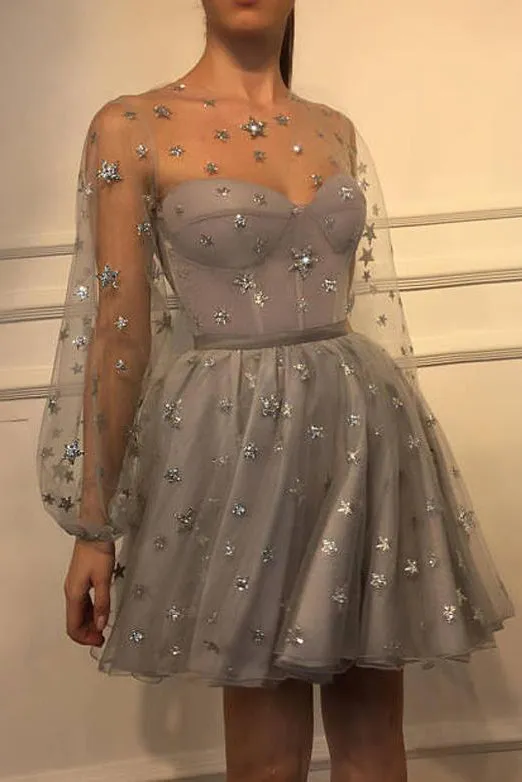 Jewel Long Sleeves Short Homecoming Dress with Appliques OHM006