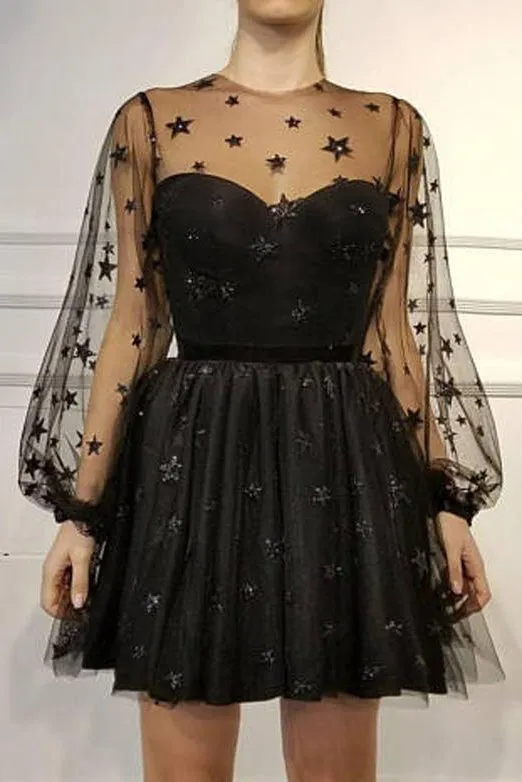 Jewel Long Sleeves Short Homecoming Dress with Appliques OHM006