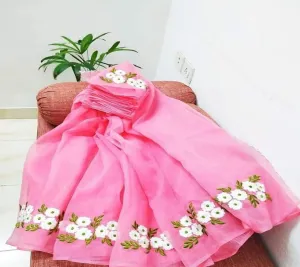 Kota Doria Embroidery Work Saree In Pink
