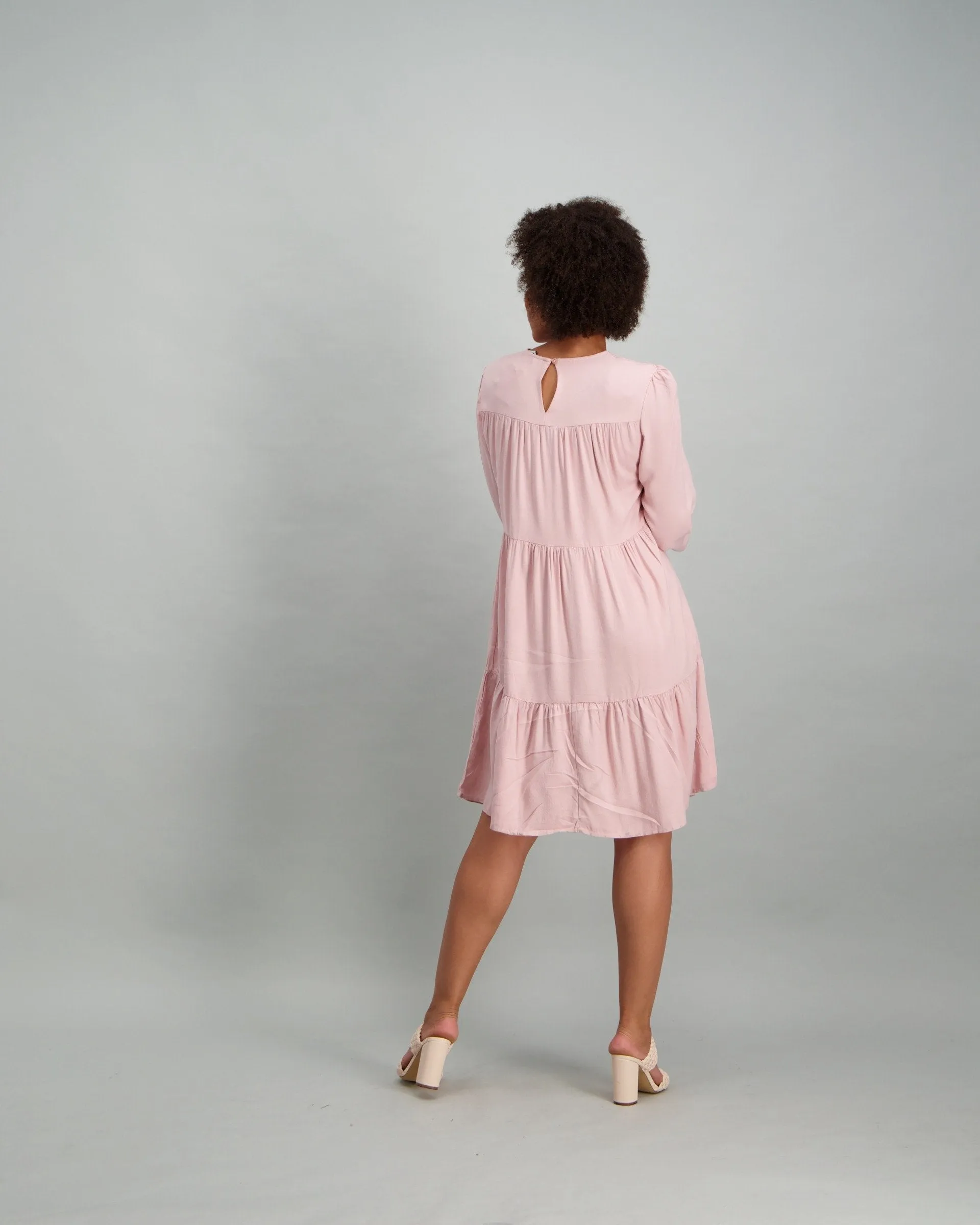 Ladies Long Sleeve 2 Tiered Dress with Elastic Cuff - Blush