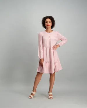 Ladies Long Sleeve 2 Tiered Dress with Elastic Cuff - Blush