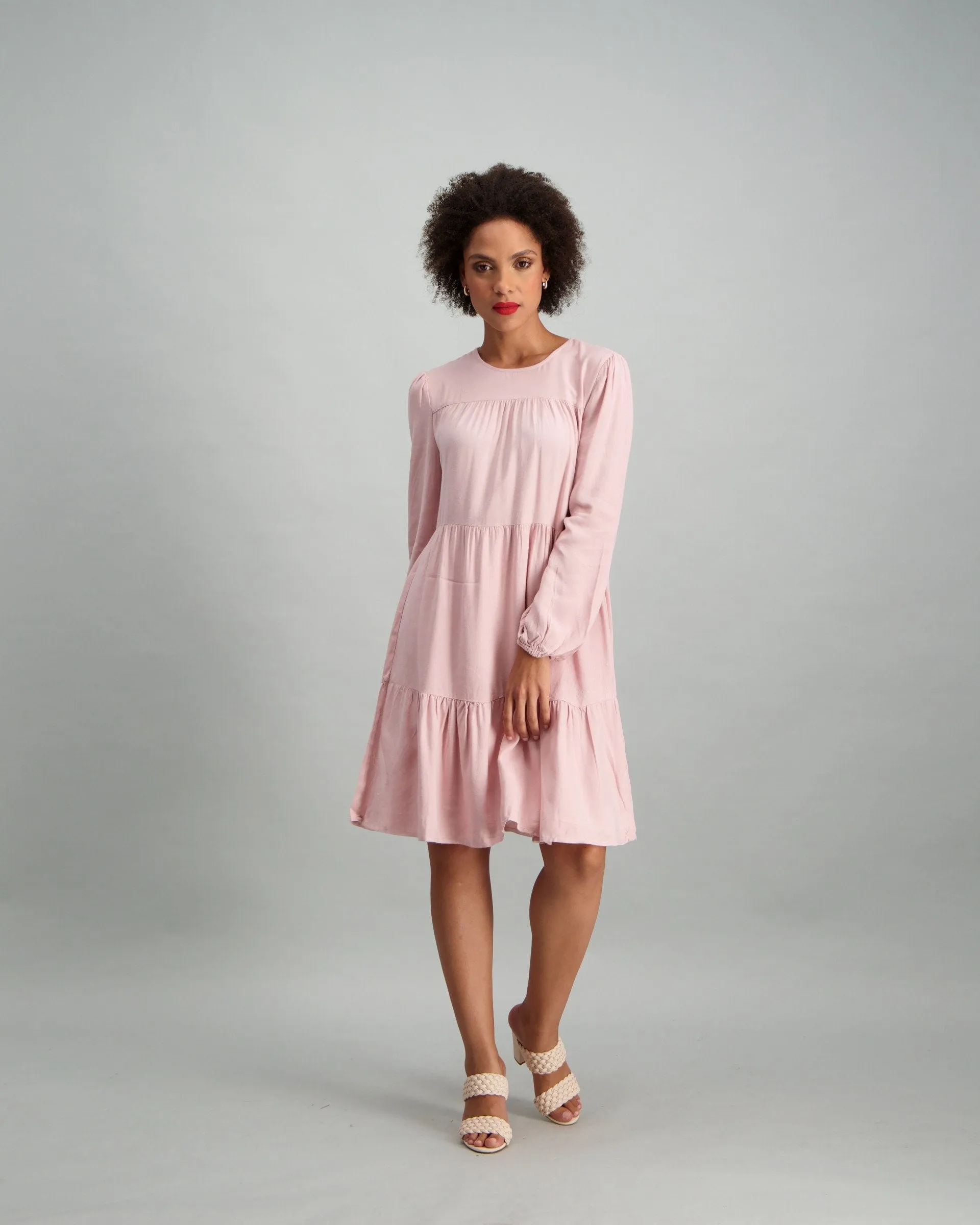 Ladies Long Sleeve 2 Tiered Dress with Elastic Cuff - Blush