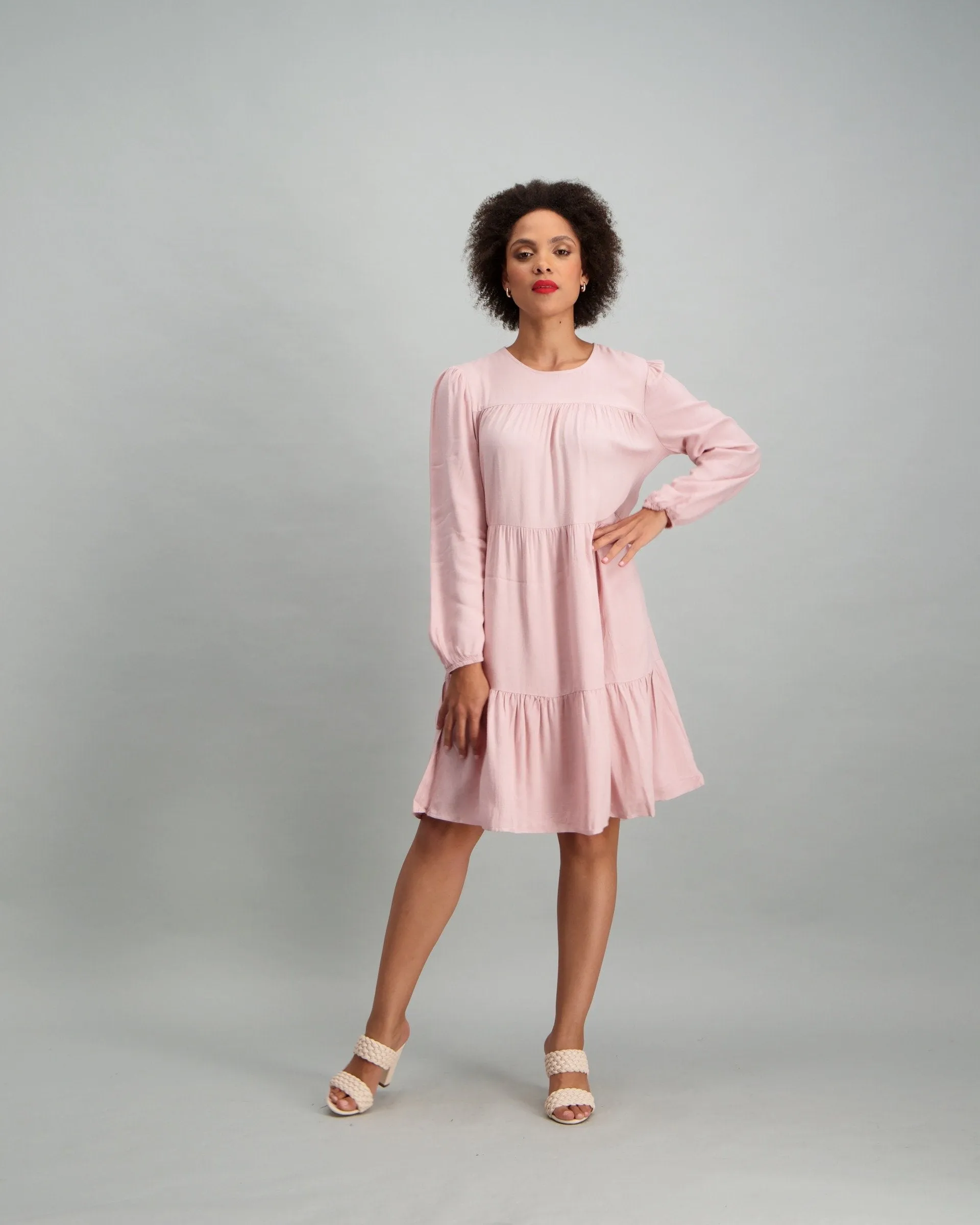 Ladies Long Sleeve 2 Tiered Dress with Elastic Cuff - Blush
