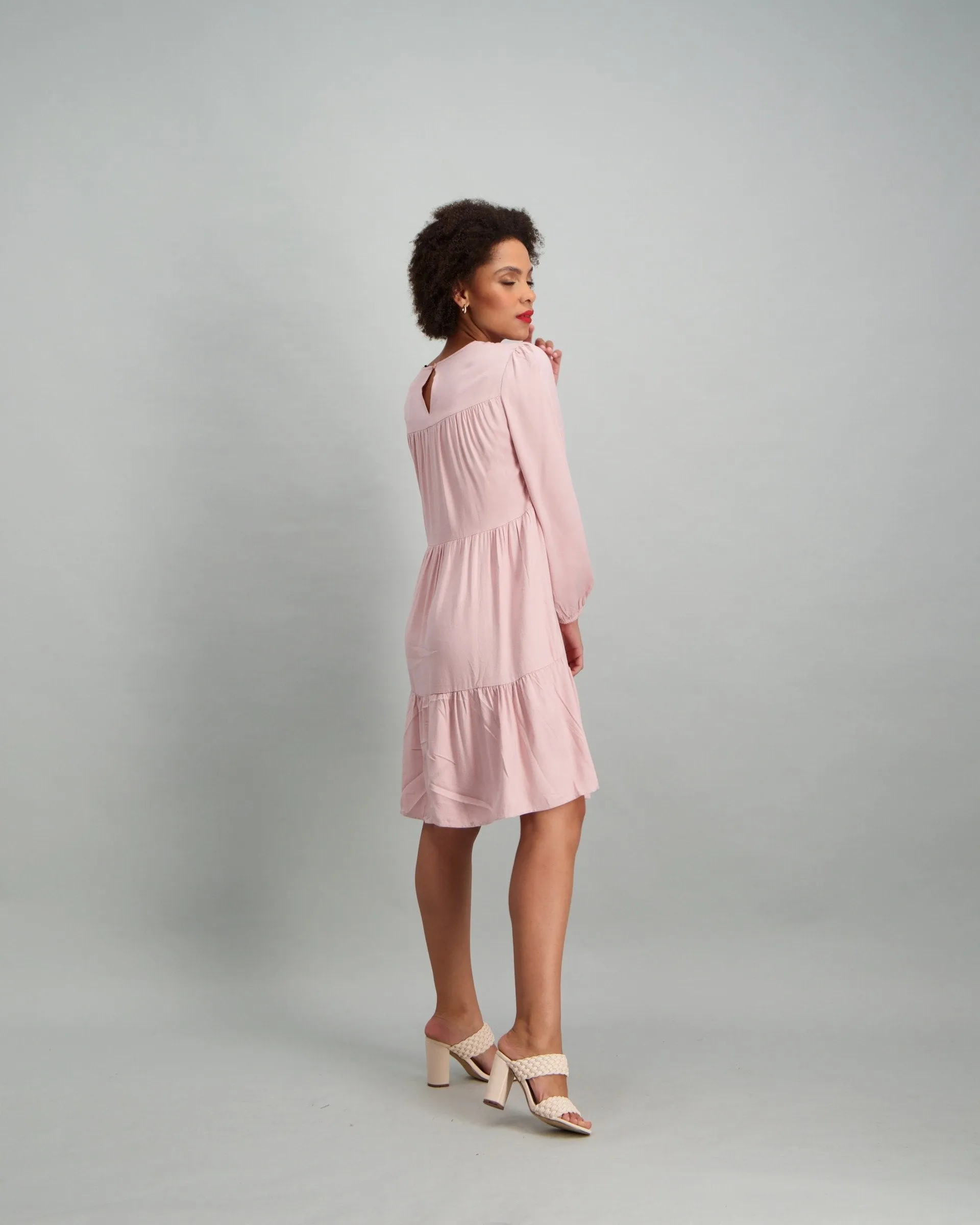 Ladies Long Sleeve 2 Tiered Dress with Elastic Cuff - Blush