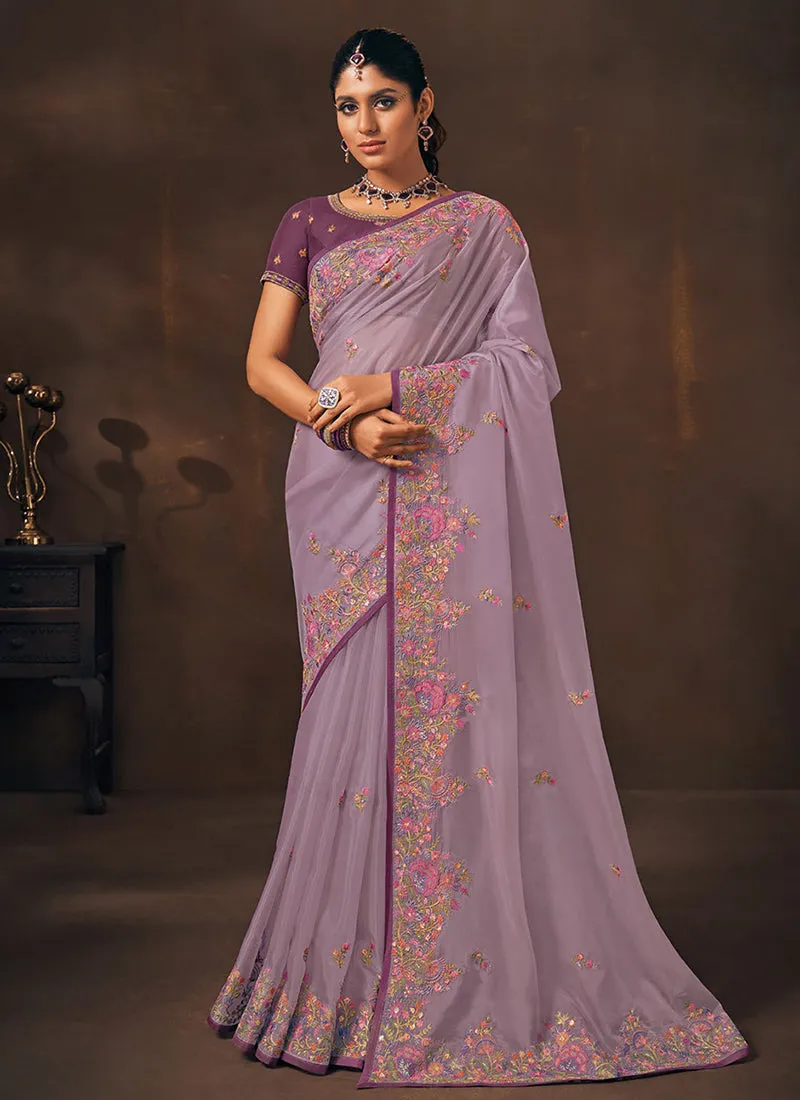 Lavender Sequence Embroidery Wedding Saree