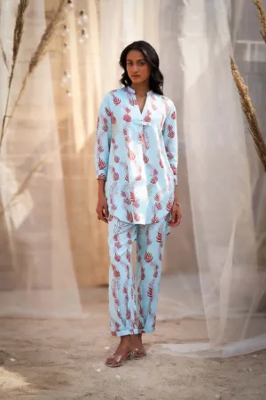 Leaf-Printed Co-ord Set in Cotton Satin with Zari HighlightsRVWK88YLB-WP5YLB
