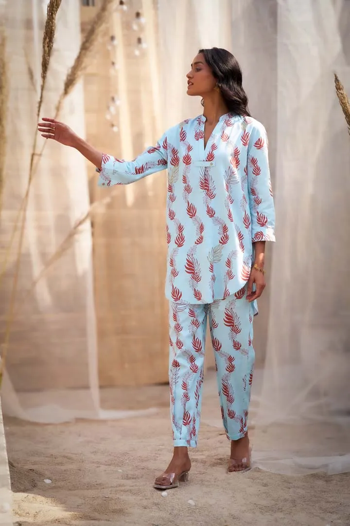Leaf-Printed Co-ord Set in Cotton Satin with Zari HighlightsRVWK88YLB-WP5YLB