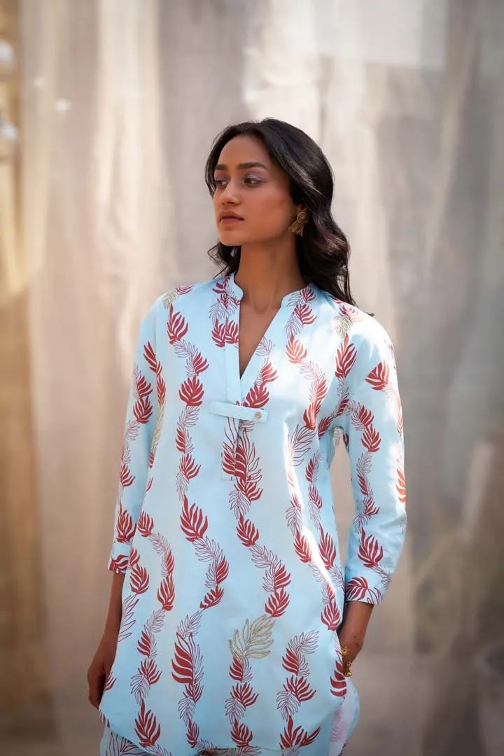 Leaf-Printed Co-ord Set in Cotton Satin with Zari HighlightsRVWK88YLB-WP5YLB
