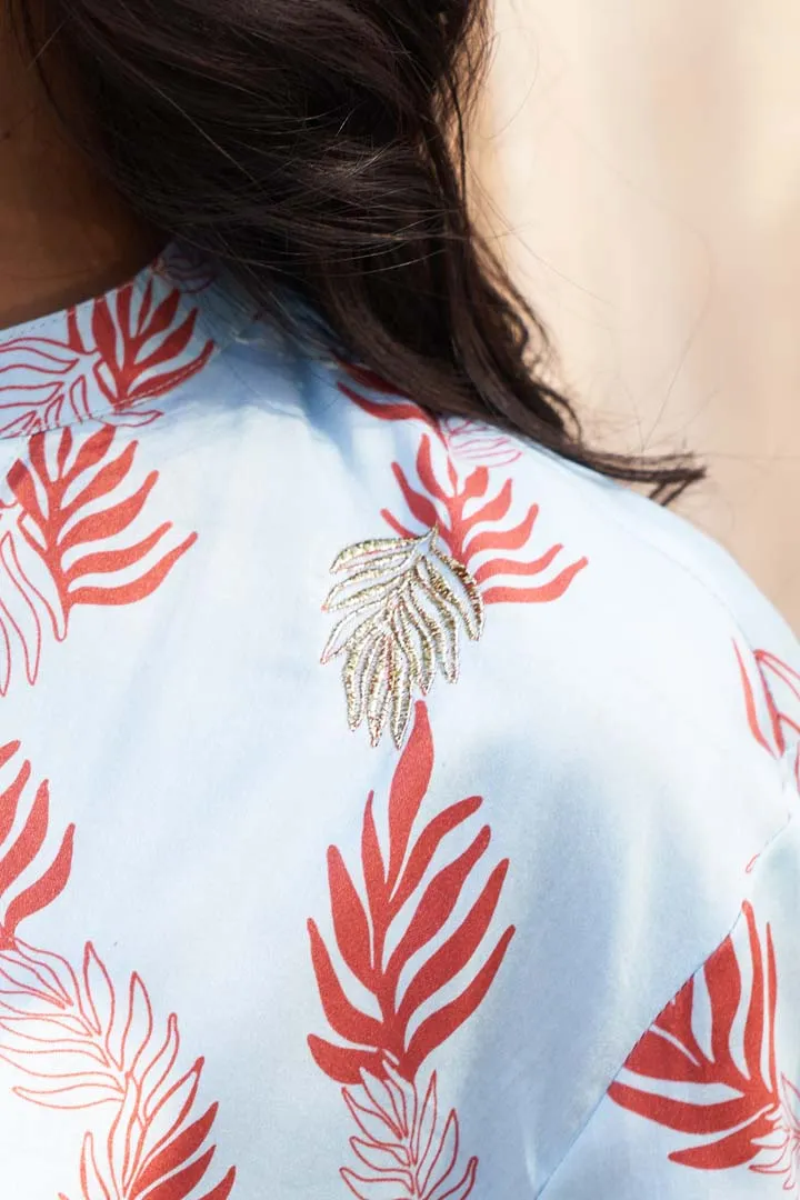 Leaf-Printed Co-ord Set in Cotton Satin with Zari HighlightsRVWK88YLB-WP5YLB