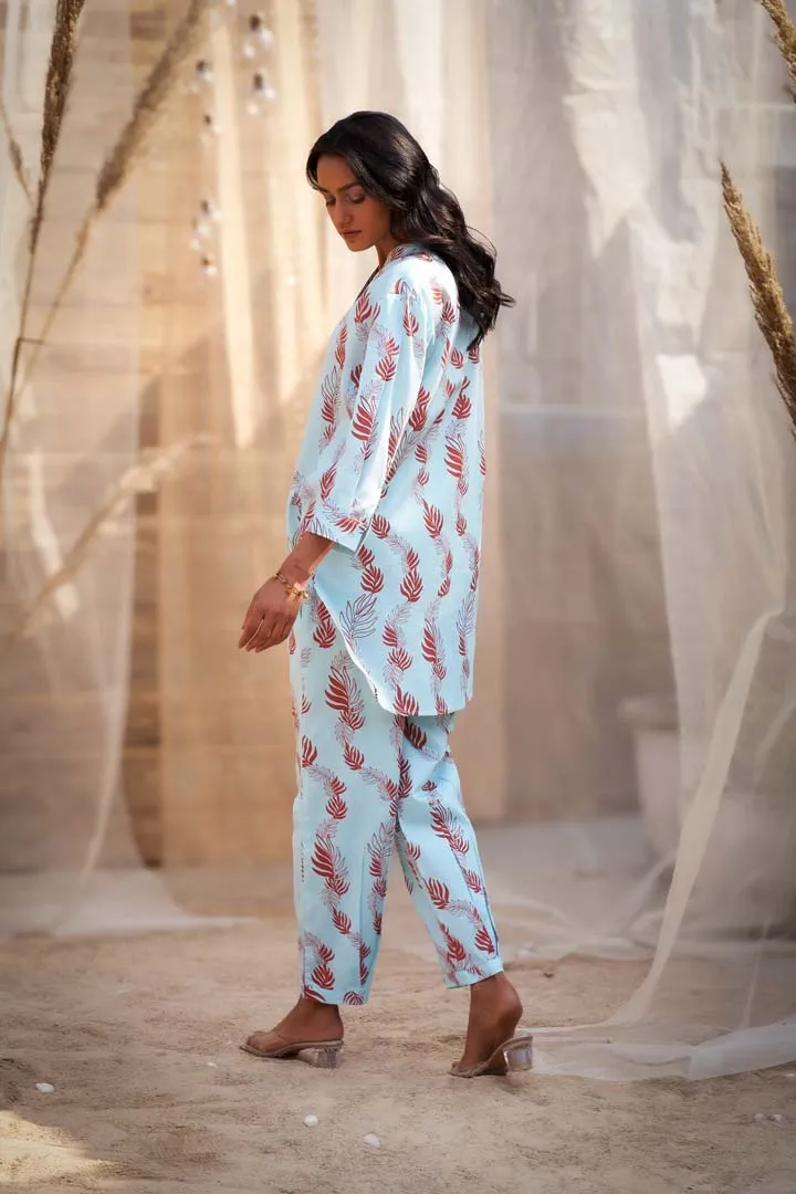 Leaf-Printed Co-ord Set in Cotton Satin with Zari HighlightsRVWK88YLB-WP5YLB