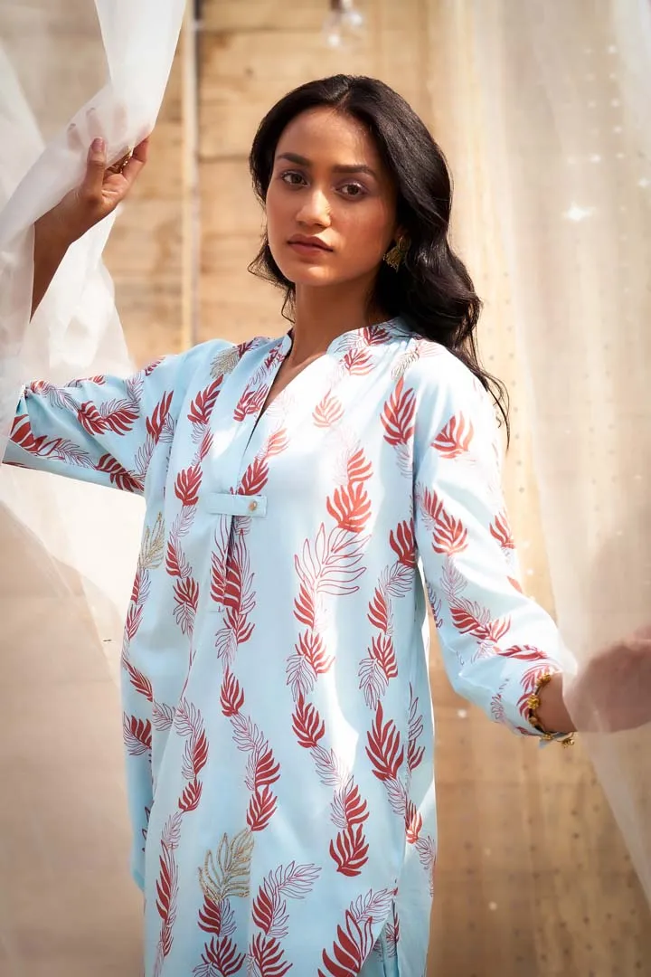 Leaf-Printed Co-ord Set in Cotton Satin with Zari HighlightsRVWK88YLB-WP5YLB