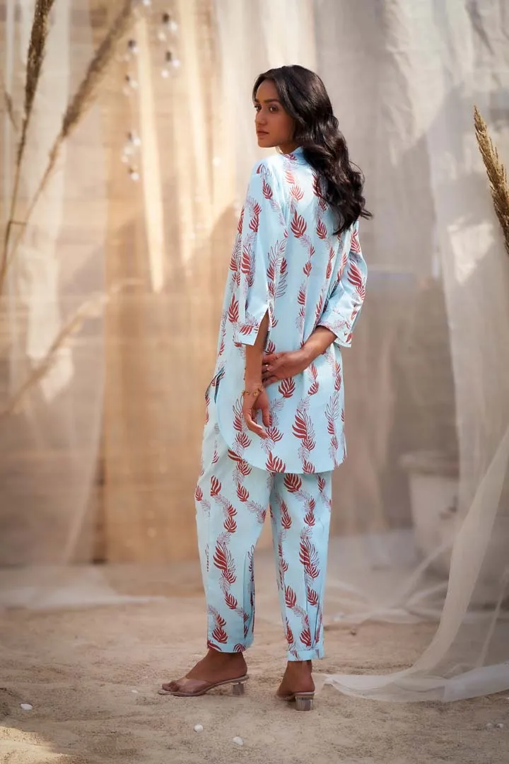 Leaf-Printed Co-ord Set in Cotton Satin with Zari HighlightsRVWK88YLB-WP5YLB