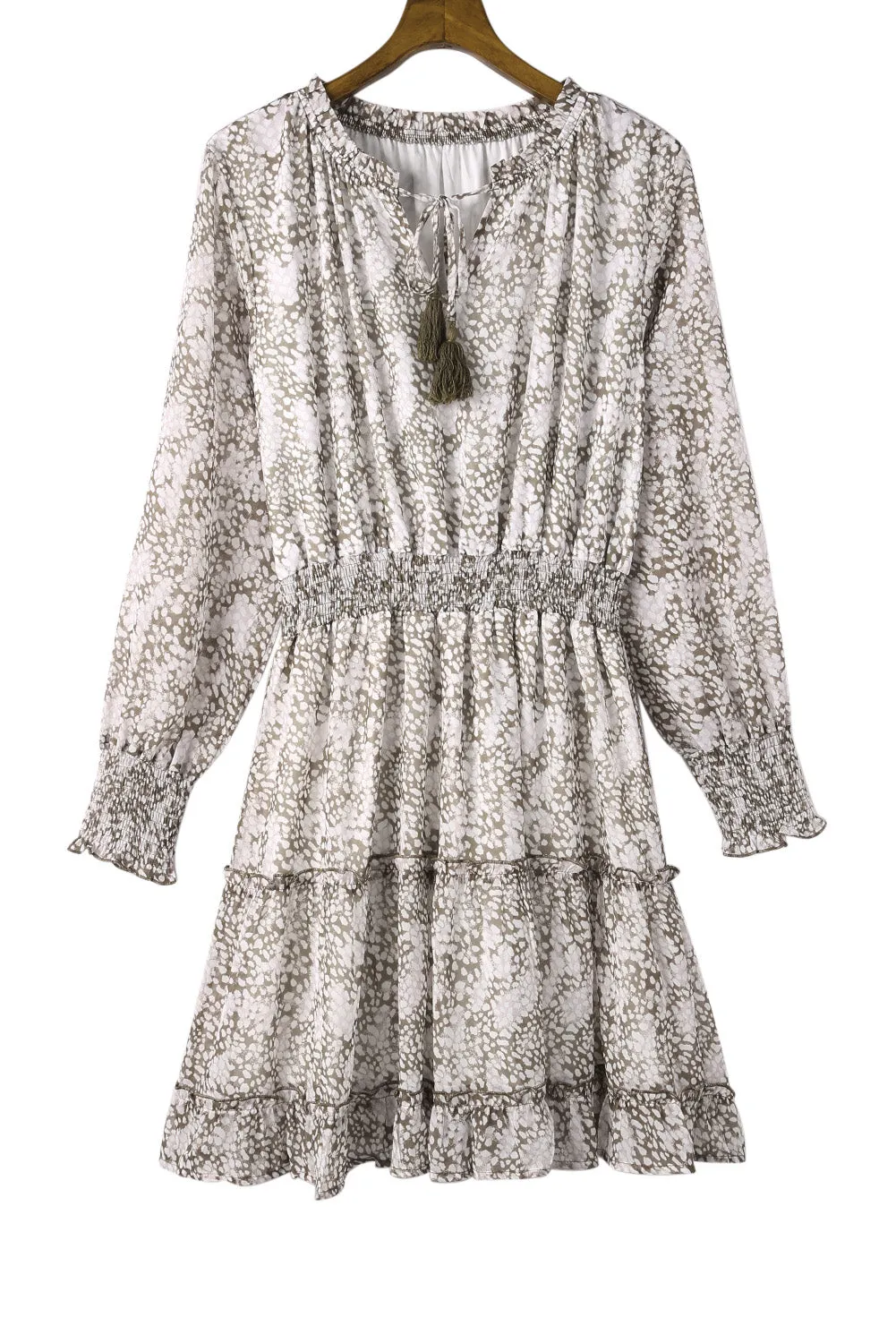 Leopard Print Smocked Puff Sleeve Tiered Ruffled Mini Dress