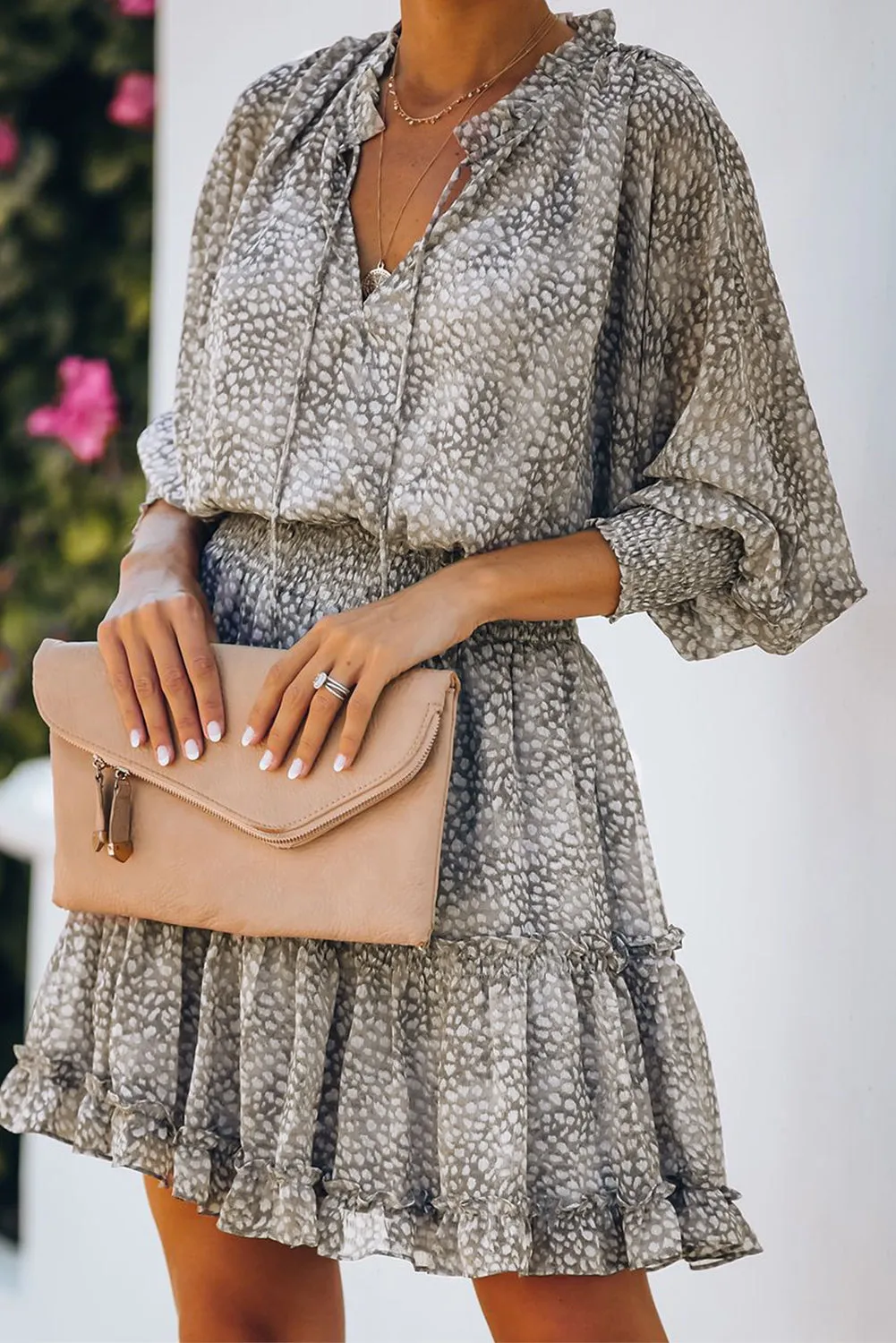 Leopard Print Smocked Puff Sleeve Tiered Ruffled Mini Dress
