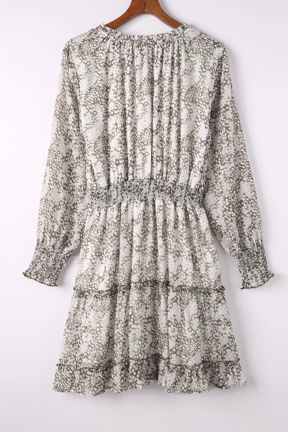 Leopard Print Smocked Puff Sleeve Tiered Ruffled Mini Dress