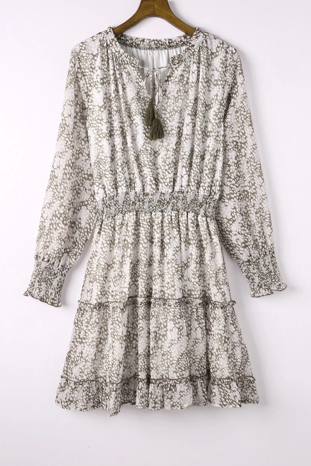 Leopard Print Smocked Puff Sleeve Tiered Ruffled Mini Dress