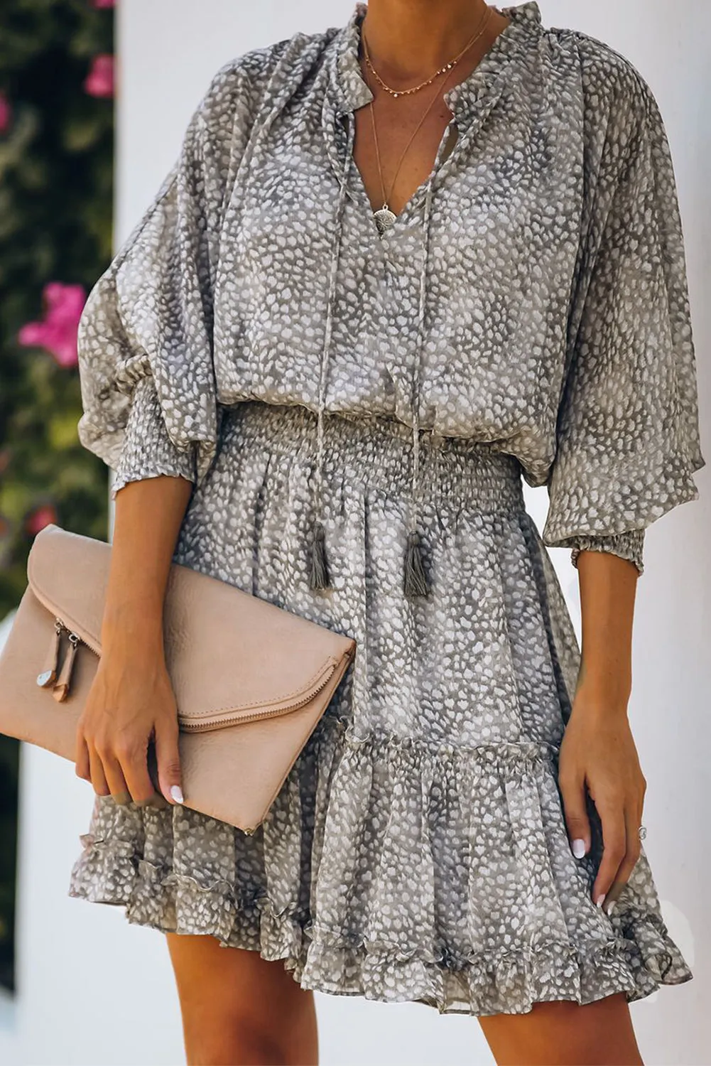 Leopard Print Smocked Puff Sleeve Tiered Ruffled Mini Dress