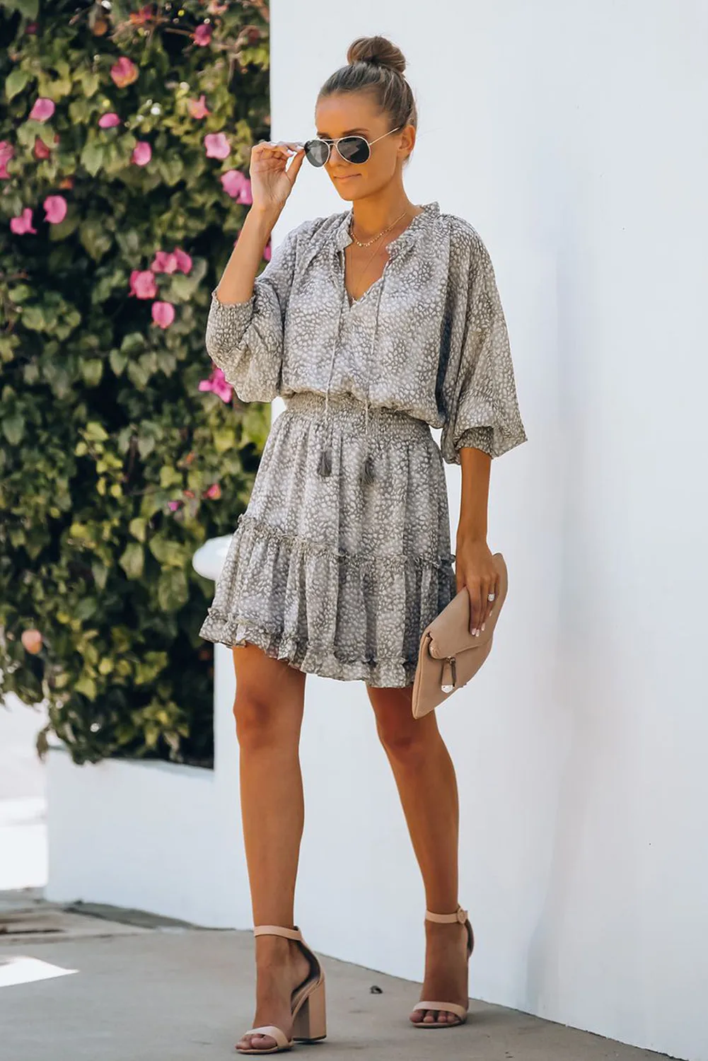 Leopard Print Smocked Puff Sleeve Tiered Ruffled Mini Dress