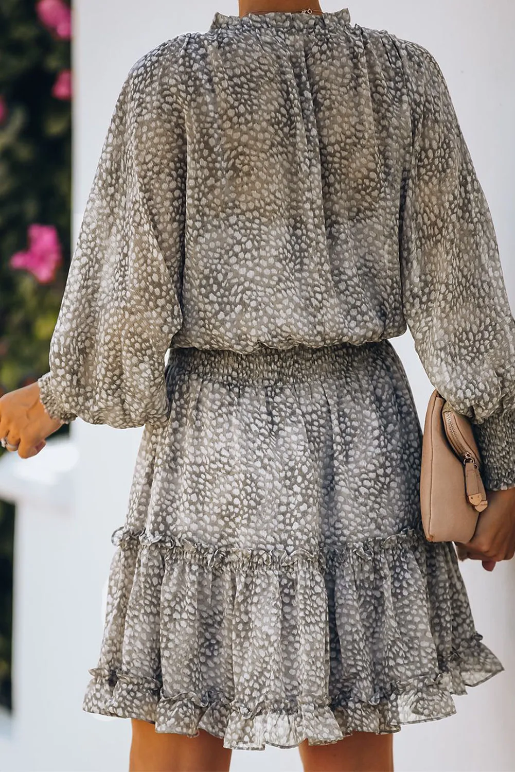 Leopard Print Smocked Puff Sleeve Tiered Ruffled Mini Dress