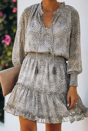 Leopard Print Smocked Puff Sleeve Tiered Ruffled Mini Dress