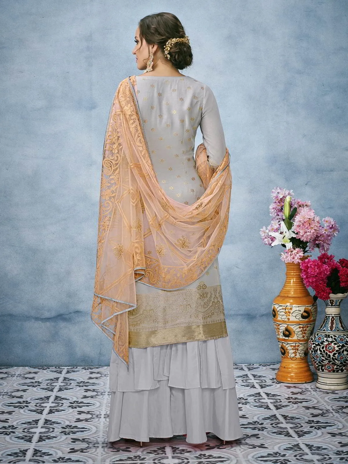 Light Blue And Orange Lucknowi Embroidered Ethnic Palazzo Suit