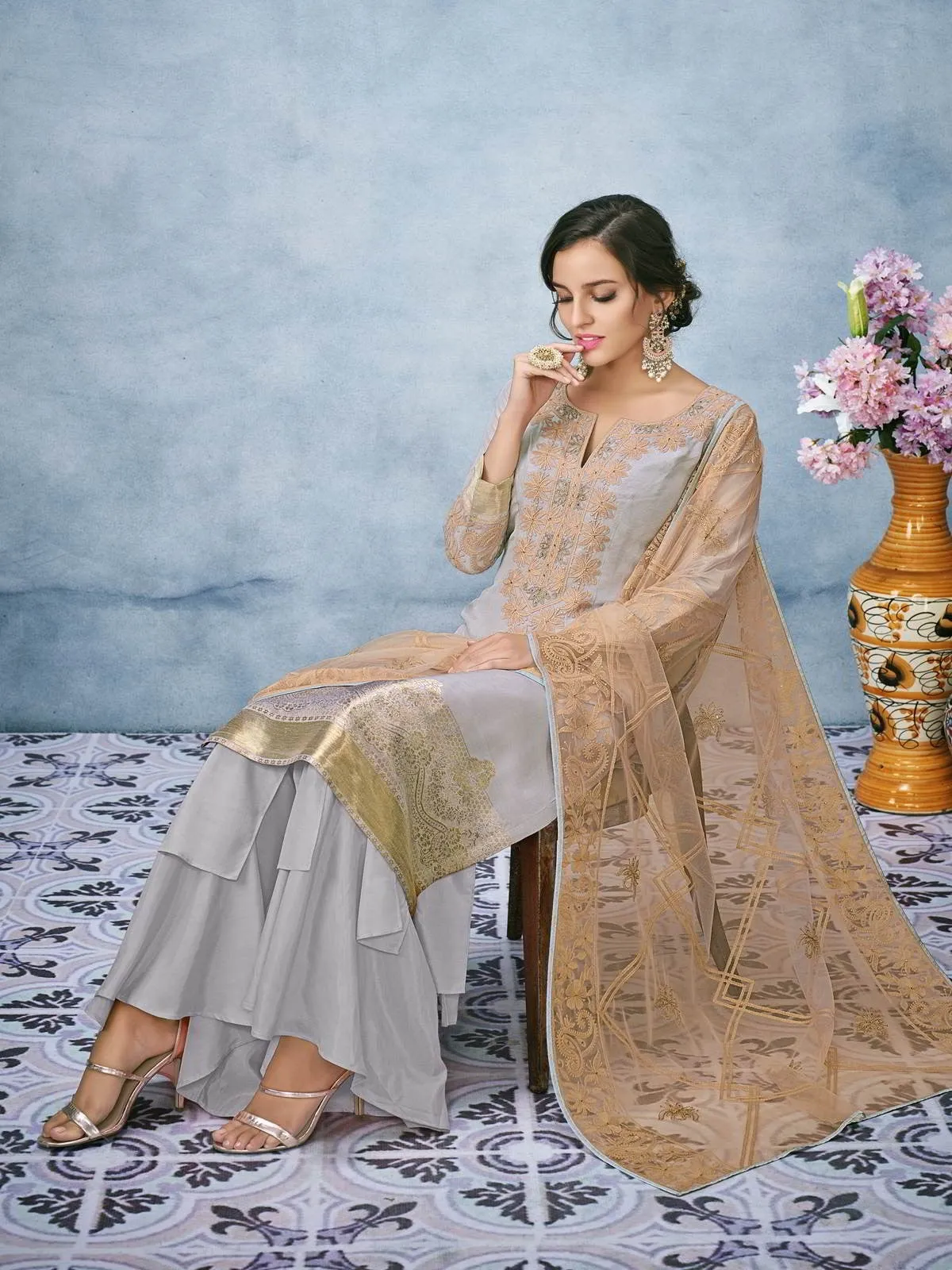Light Blue And Orange Lucknowi Embroidered Ethnic Palazzo Suit