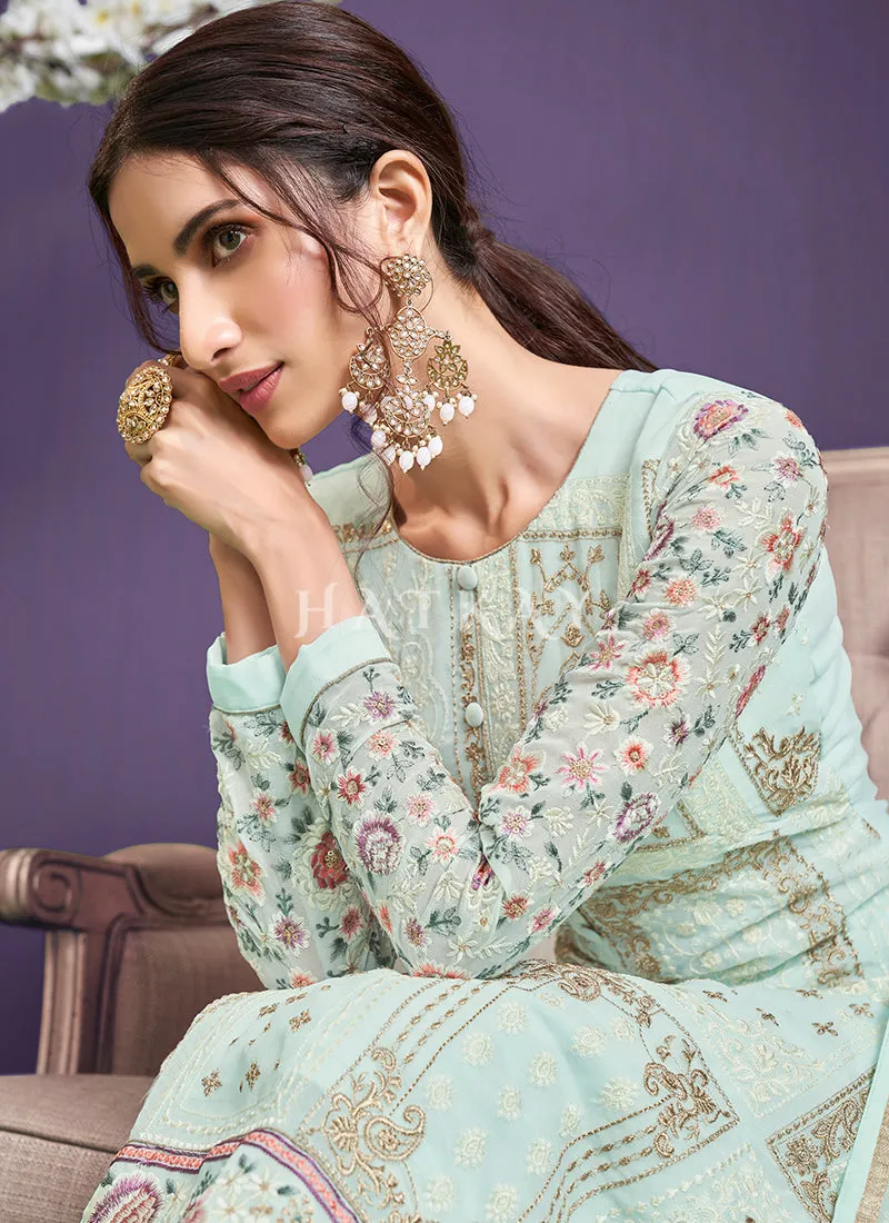 Light Blue Sequence Embroidered Pant Suit