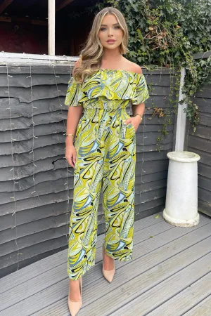Lime Printed Bardot Culotte Jumpsuit