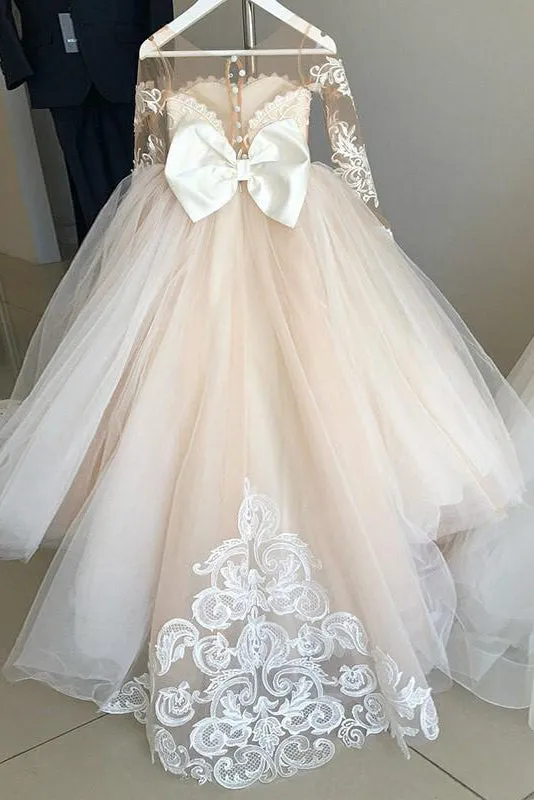 Long Sleeve Tulle Ivory Scoop Flower Girl Dresses with Lace Bowknot OHR001