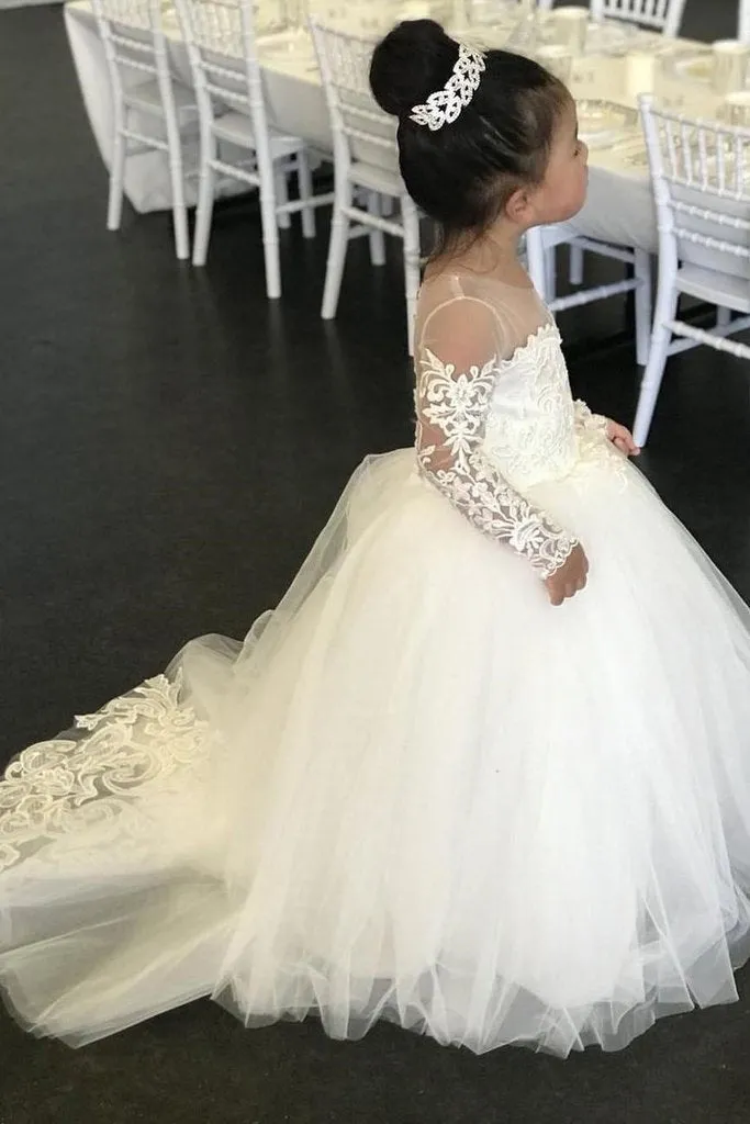 Long Sleeve Tulle Ivory Scoop Flower Girl Dresses with Lace Bowknot OHR001