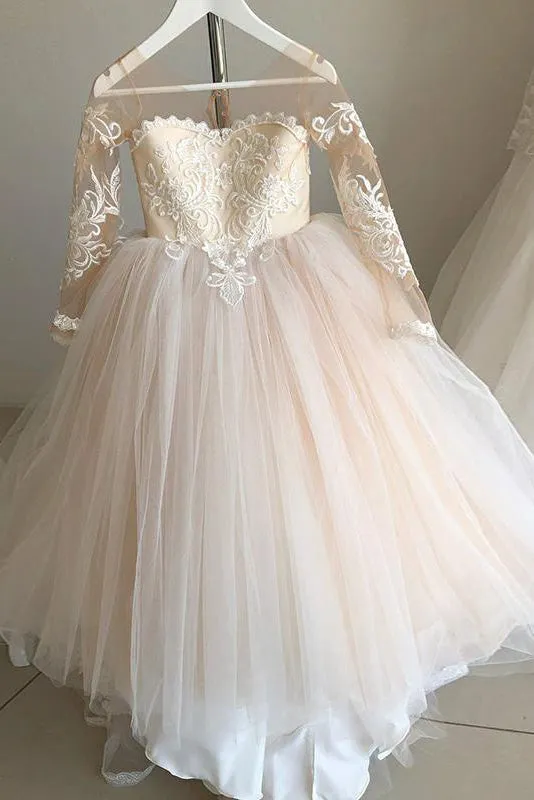 Long Sleeve Tulle Ivory Scoop Flower Girl Dresses with Lace Bowknot OHR001