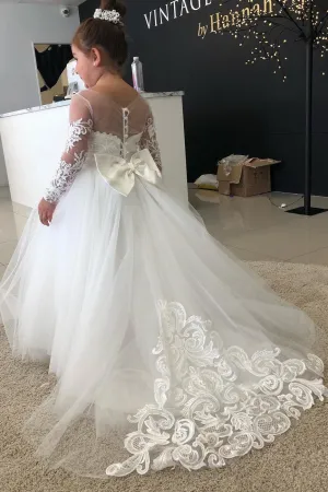 Long Sleeve Tulle Ivory Scoop Flower Girl Dresses with Lace Bowknot OHR001