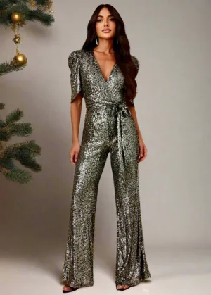 LOURDES Silver Sequin Wrap Jumpsuit – Elegant Wide-Leg Evening Outfit
