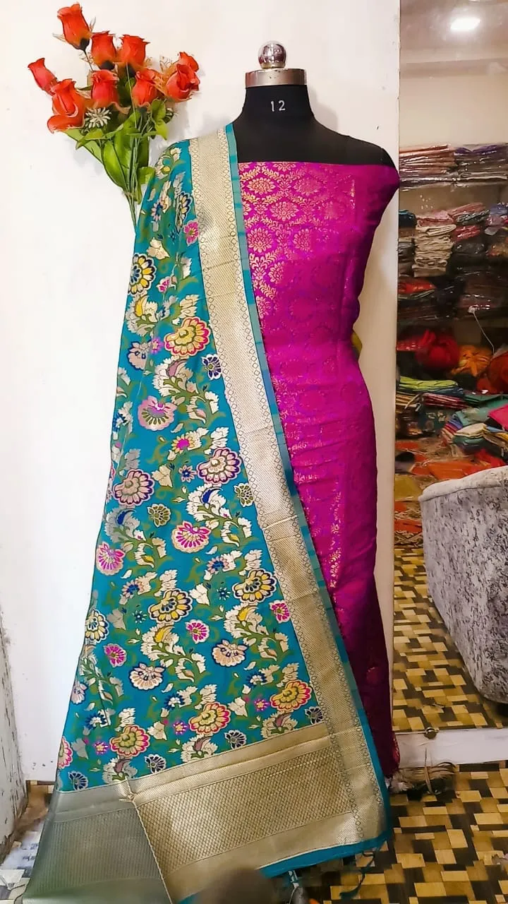 Magenta Banarasi Silk Katan Dyeable Suit with Blue Dupatta