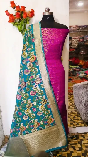 Magenta Banarasi Silk Katan Dyeable Suit with Blue Dupatta