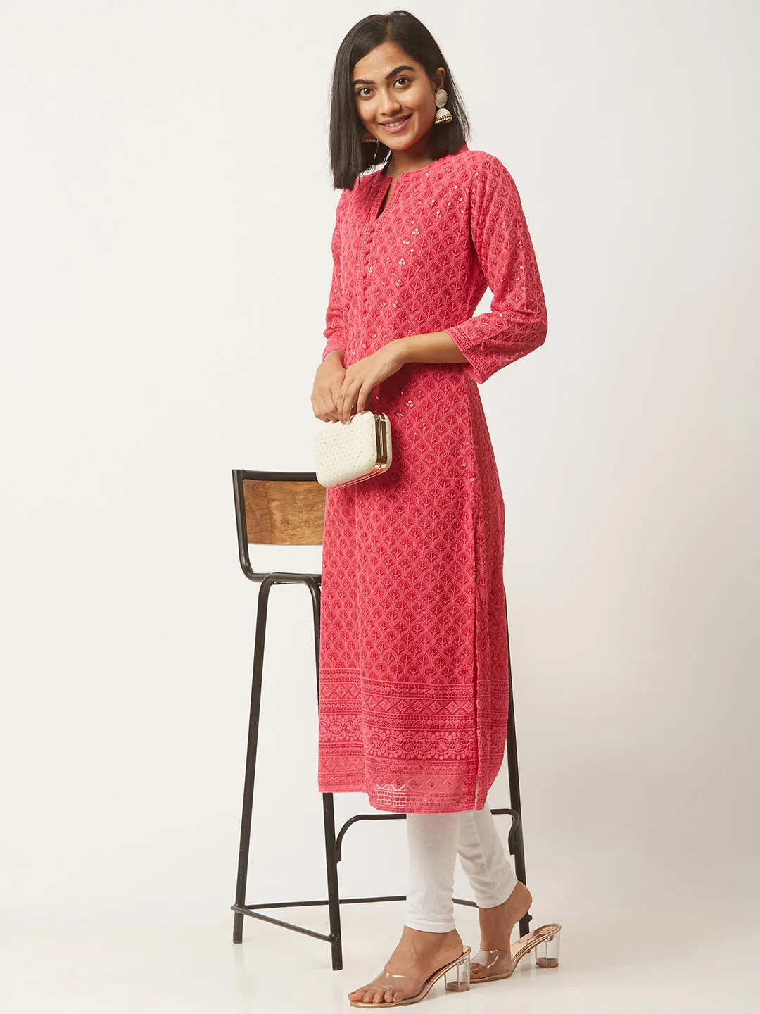Magenta Georgette Mandarin Collar 3/4th Sleeves Chikankari Embroidery Ethnic Wear Kurta for Women - ZOLA