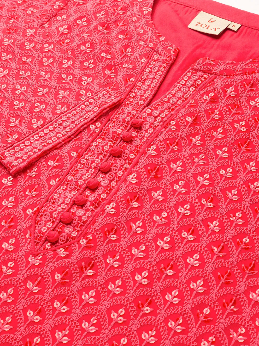 Magenta Georgette Mandarin Collar 3/4th Sleeves Chikankari Embroidery Ethnic Wear Kurta for Women - ZOLA