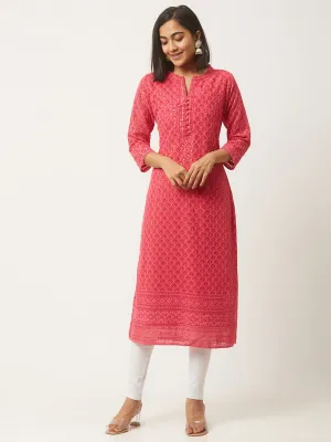 Magenta Georgette Mandarin Collar 3/4th Sleeves Chikankari Embroidery Ethnic Wear Kurta for Women - ZOLA