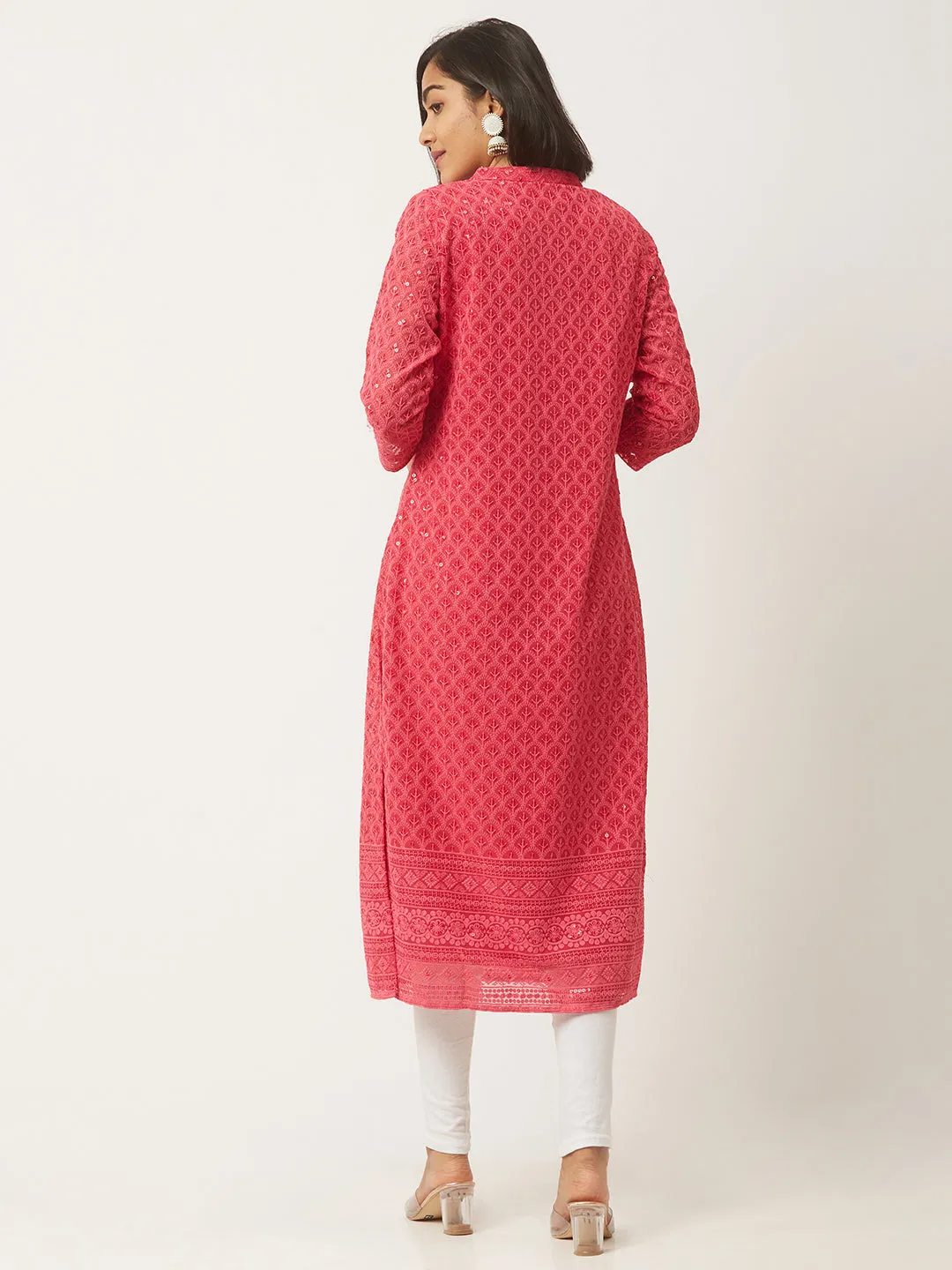 Magenta Georgette Mandarin Collar 3/4th Sleeves Chikankari Embroidery Ethnic Wear Kurta for Women - ZOLA