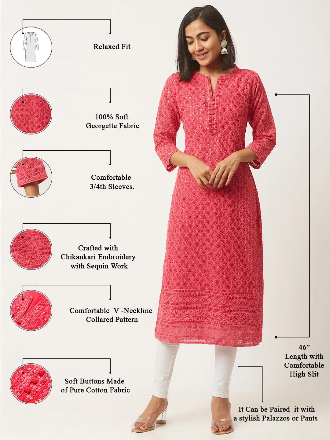Magenta Georgette Mandarin Collar 3/4th Sleeves Chikankari Embroidery Ethnic Wear Kurta for Women - ZOLA