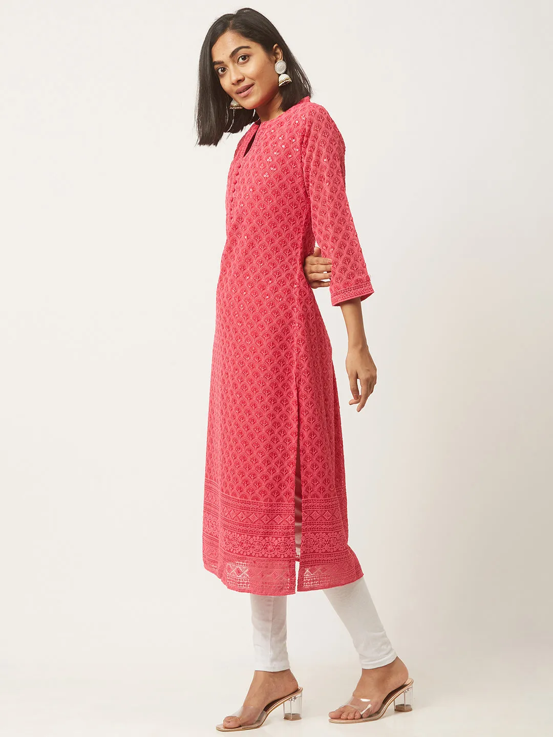 Magenta Georgette Mandarin Collar 3/4th Sleeves Chikankari Embroidery Ethnic Wear Kurta for Women - ZOLA