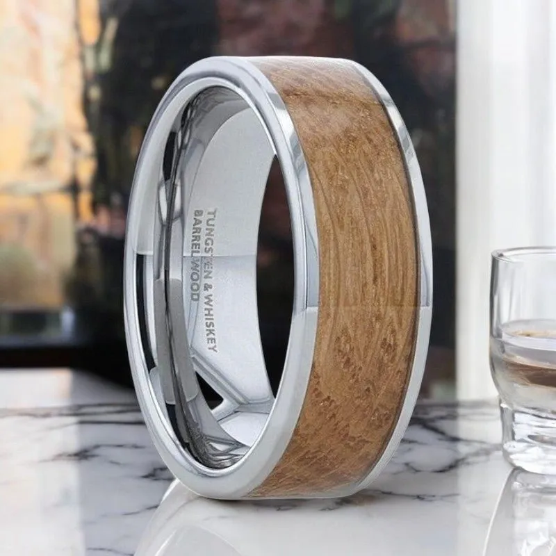 MALT | Silver Tungsten Ring, Whiskey Barrel Inlay, Flat Polished Edges
